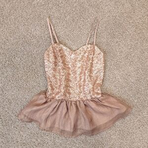 Y2K Vintage Charlotte Russe Champagne Sequin and Silk Peplum Sweetheart Top Size